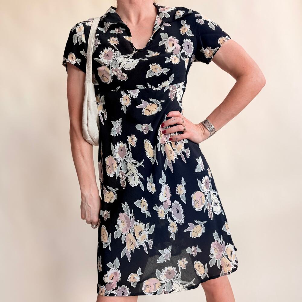 Vintage 90s Express Black Floral Mini Dress - Size 3/4